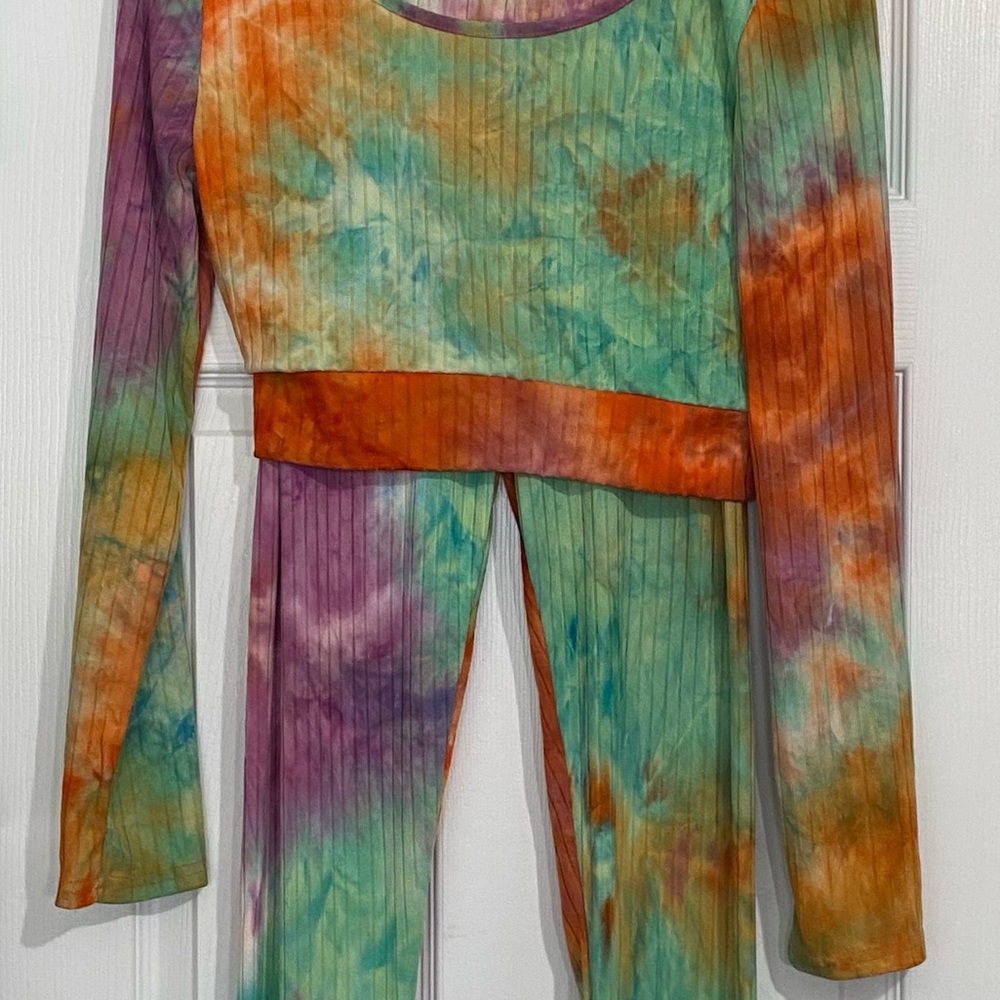 Ellie & Kate Crop Top & Leggings Sweatsuit Set Tie Dye Women’s Large Rainbow - Picture 11 of 13